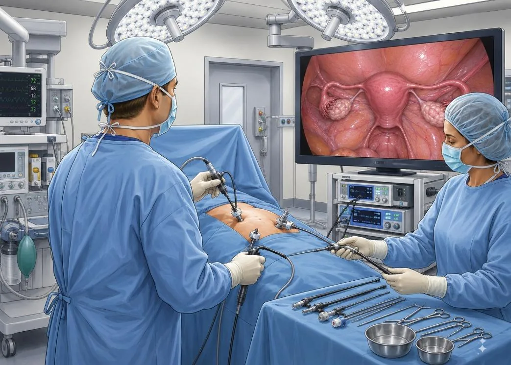 Schéma de cœlioscopie : caméra au nombril et instruments par de petites incisions